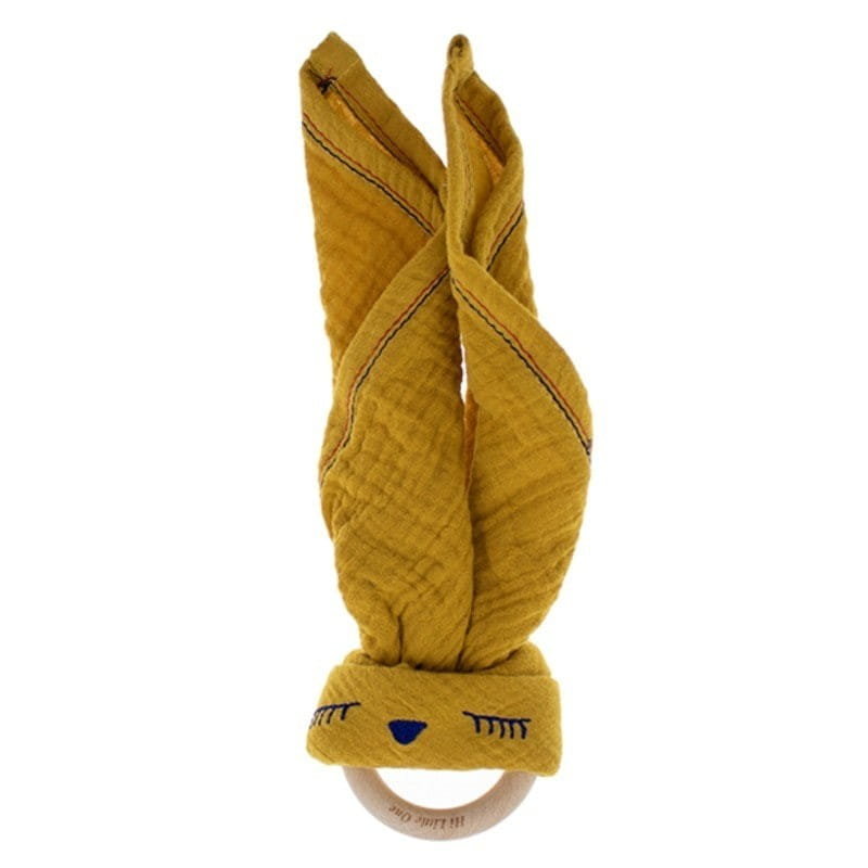 Hi Little One - Przytulanka Z Organicznej Bio Bawełny Gots Z Gryzakiem Sleepy Bunny Cozy Muslin With Wood Teether 2In1 Mustard