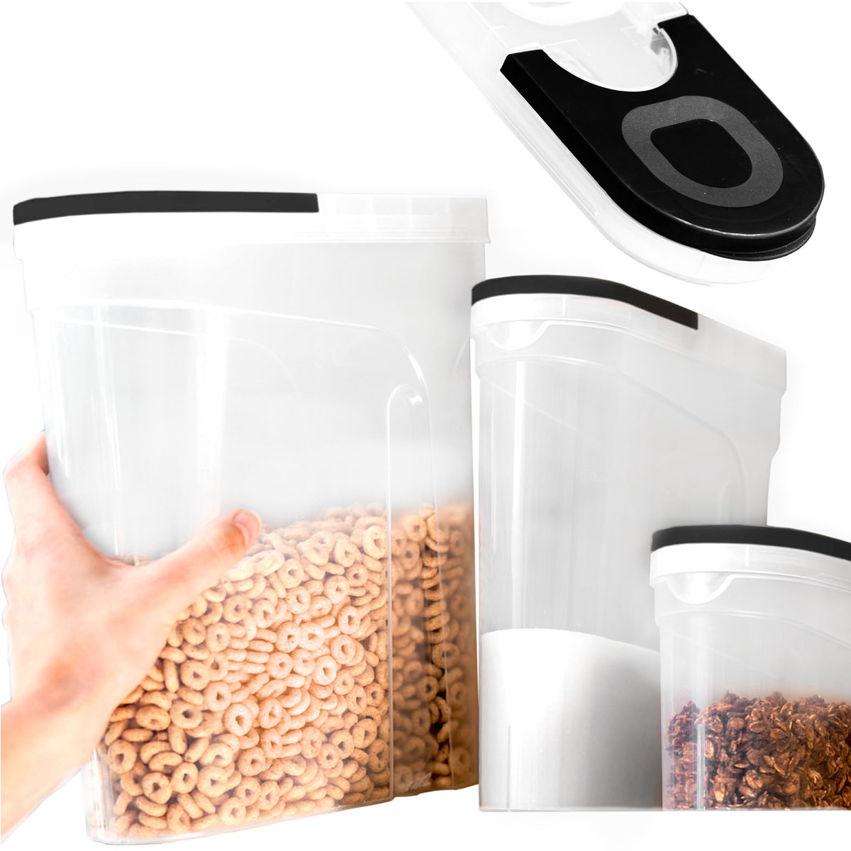 Pojemniki Na Żywność X3 Kuchenne Do Przechowywania Produktów Sypkich 1, 2, 4 L Czarne