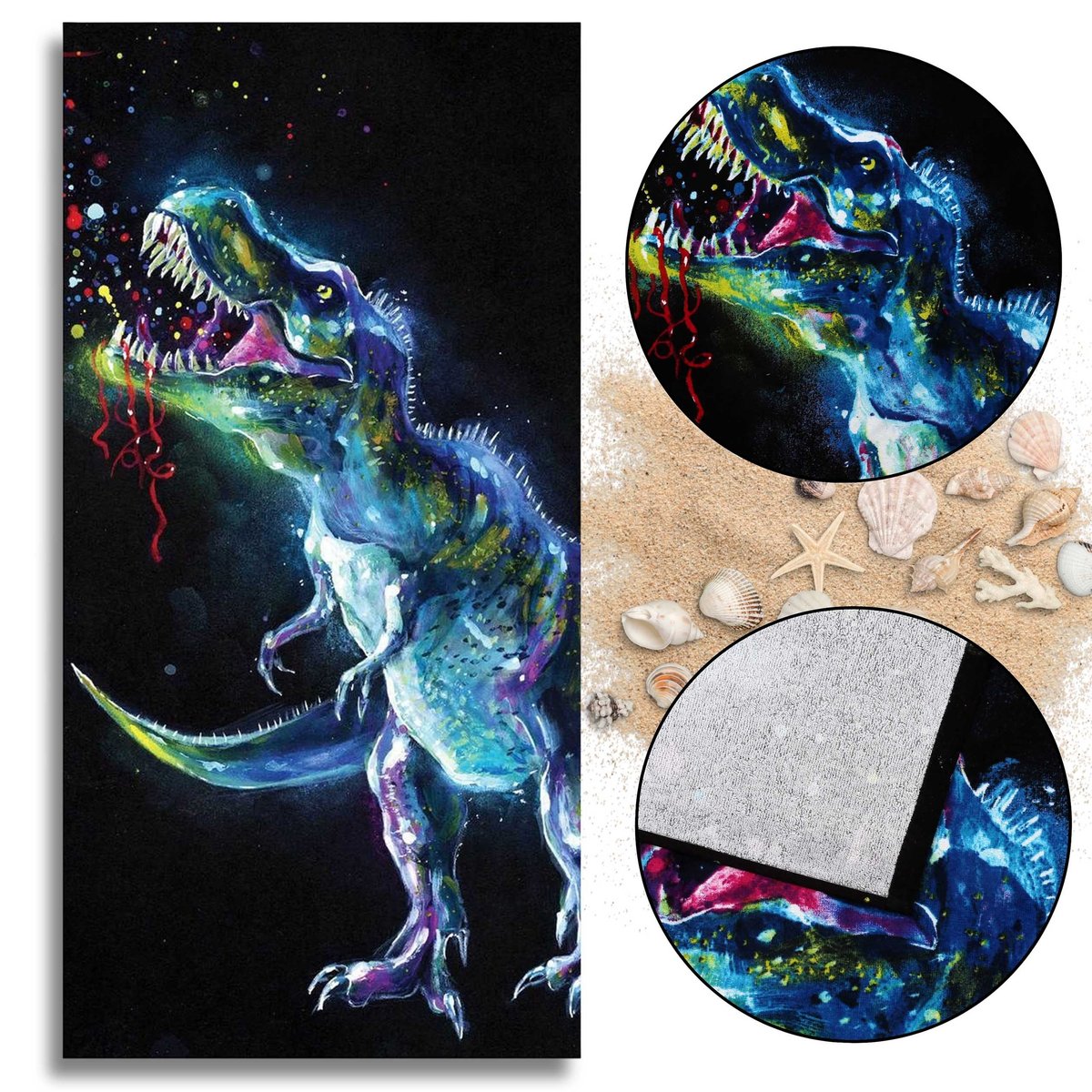 Ręcznik bawełniany, ręcznik plażowy dinozaur, czarny 70x140 cm OEKO-TEX