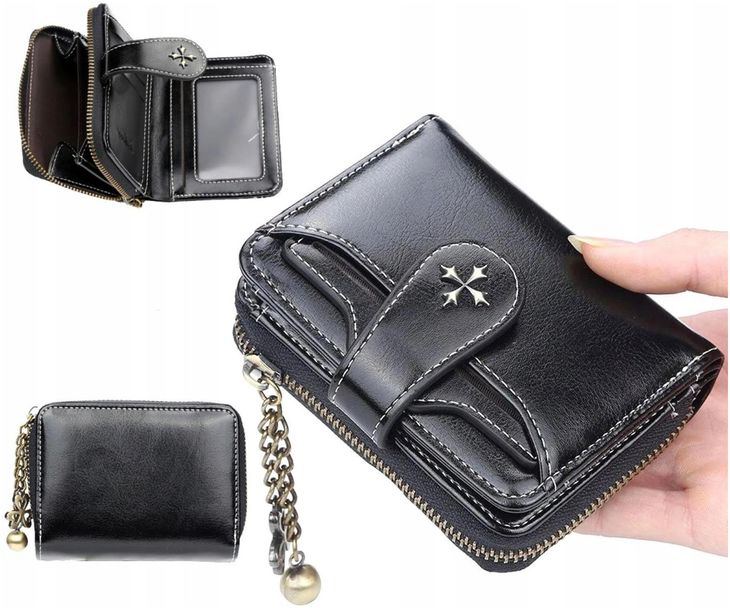 Damski elegancki mały skórzany portfel skóra Karty ochrona kart Czarny