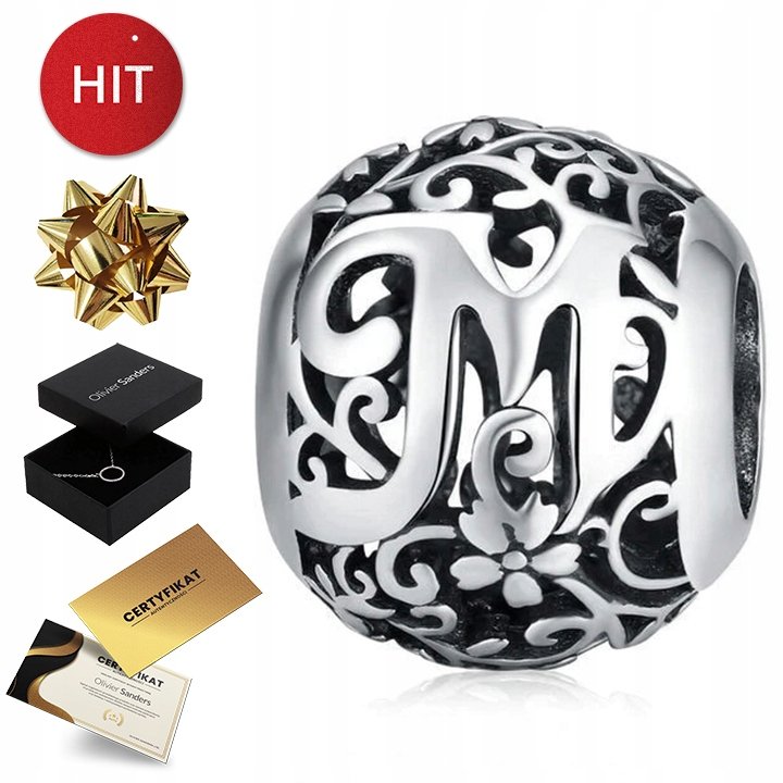 SREBRNY CHARMS ZAWIESZKA LITERA M KORALIK 925 BEADS BRANSOLETKA