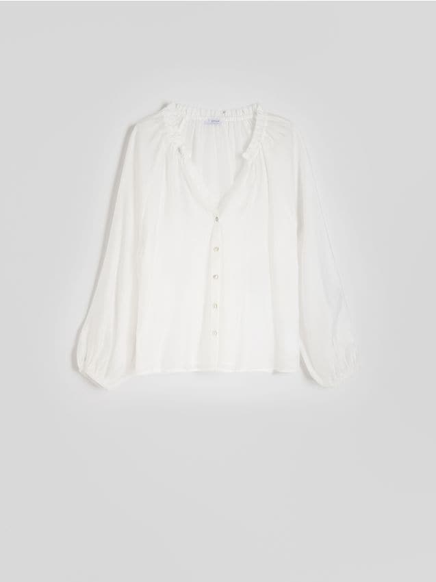 Reserved - Bluzka z bufiastym rękawem - złamana biel