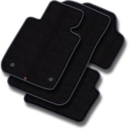 Dywaniki welurowe MOTOS Premium do Subaru Forester II SG 2002-2008 - Czarna lamówka skórzana (błyszcząca) obszyta niebieską nicią