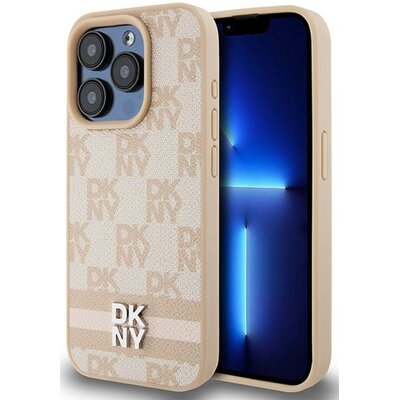 Oryginalne Etui APPLE IPHONE 15 PRO DKNY Hardcase Leather Checkered Mono Pattern & Printed Stripes (DKHCP15LPCPTSSP) różowe