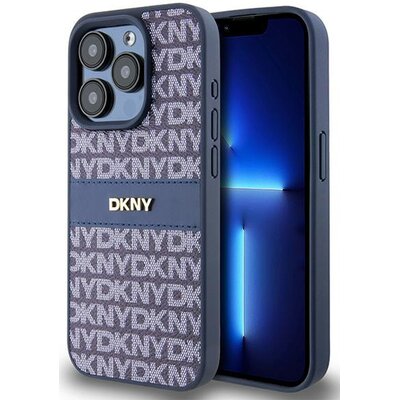Oryginalne Etui APPLE IPHONE 15 PRO DKNY Hardcase Leather Mono Stripe & Metal Logo (DKHCP15LPRTHSLB) niebieskie