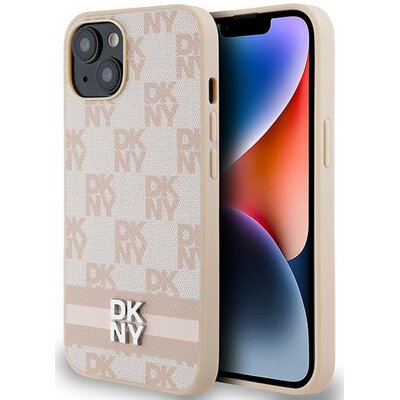 Oryginalne Etui IPHONE 15 PLUS / 14 PLUS DKNY Hardcase Leather Checkered Mono Pattern & Printed Stripes (DKHCP15MPCPTSSP) różowe