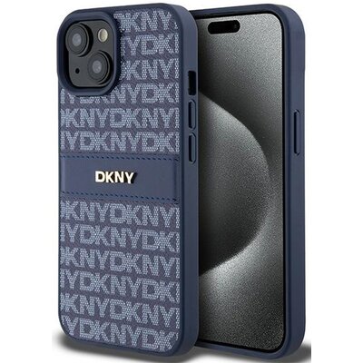 Oryginalne Etui IPHONE 13 / 14 / 15 DKNY Hardcase Leather Mono Stripe & Metal Logo (DKHCP15SPRTHSLB) niebieskie