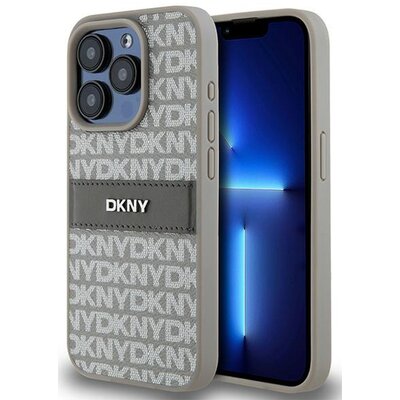 Oryginalne Etui APPLE IPHONE 15 PRO MAX DKNY Hardcase Leather Mono Stripe & Metal Logo (DKHCP15XPRTHSLE) beżowe