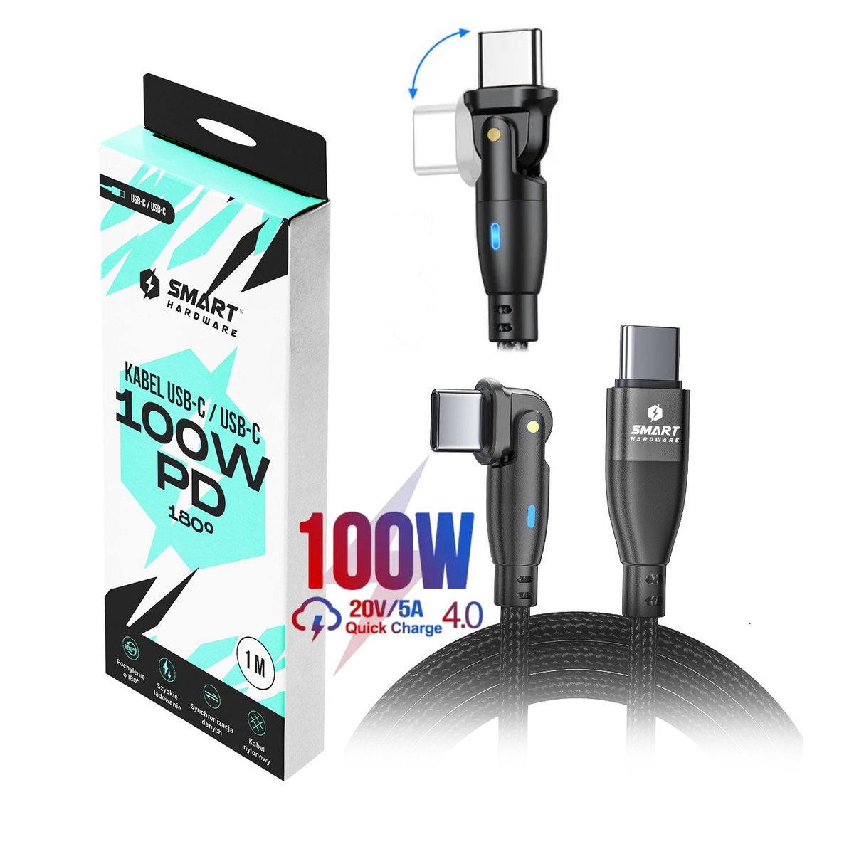 SMART HARDWARE KABEL 180° USB-C 100W PD 1M CZARNY