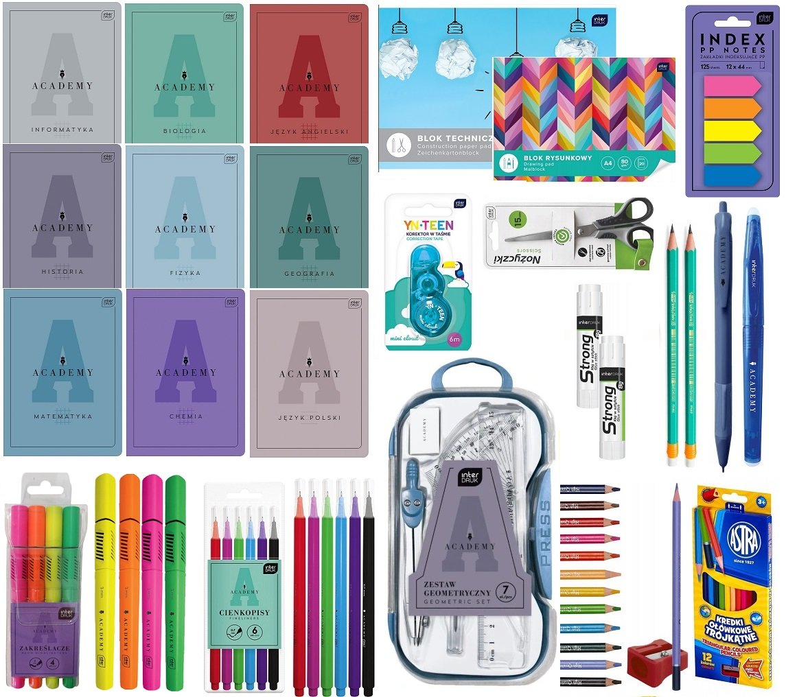 Wyprawka szkolna dla klas 4-8, zeszyty Academy,zestaw szkolny 32el Interduk