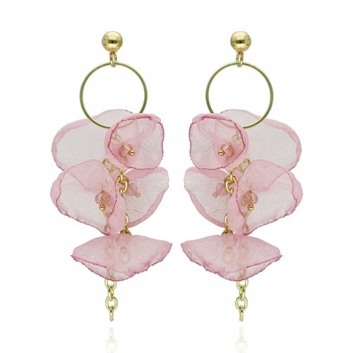 Kolczyki Wiszące Jedwabne Kwiatki Jasno Różowe Ze Złotym Kółeczkiem