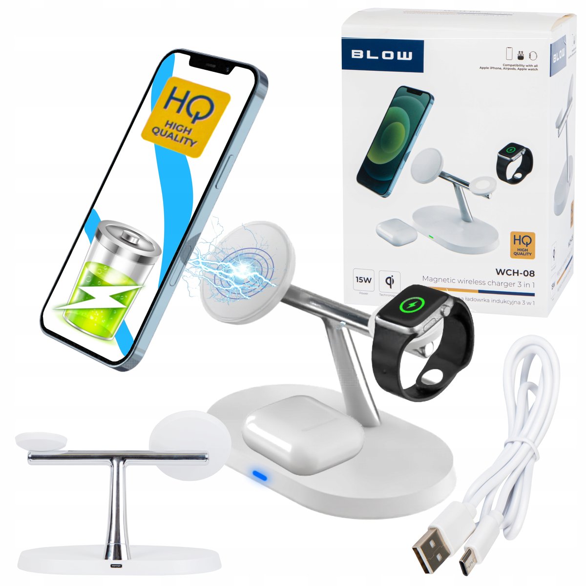 ŁADOWARKA INDUKCYJNA BEZPRZEWODOWA IPHONE APPLE WATCH 3w1 MAGSAFE 15W USB C