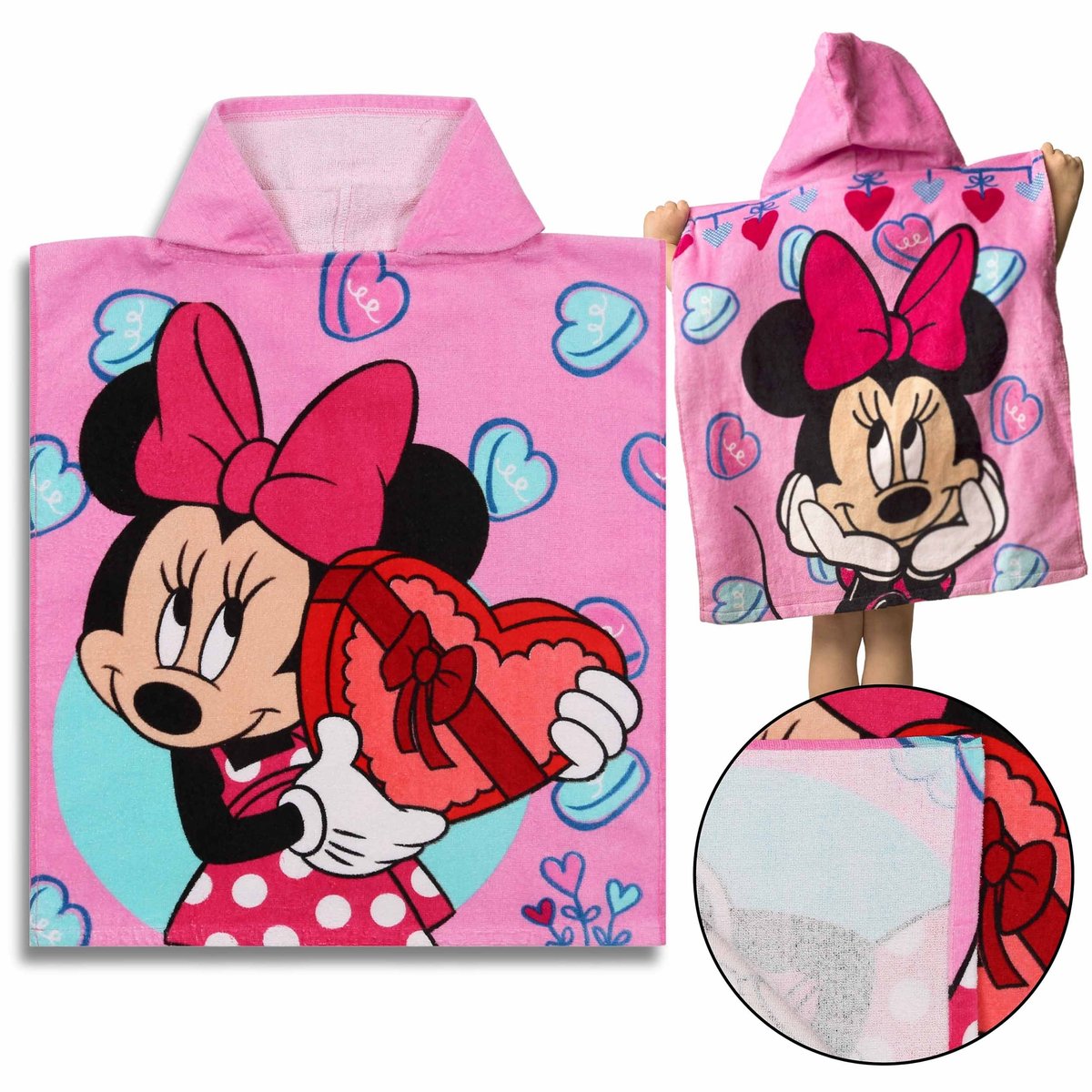 DISNEY Myszka Minnie Dziecięcy ręcznik, poncho z kapturem dla dziewczynki 50x115 cm OEKO-TEX