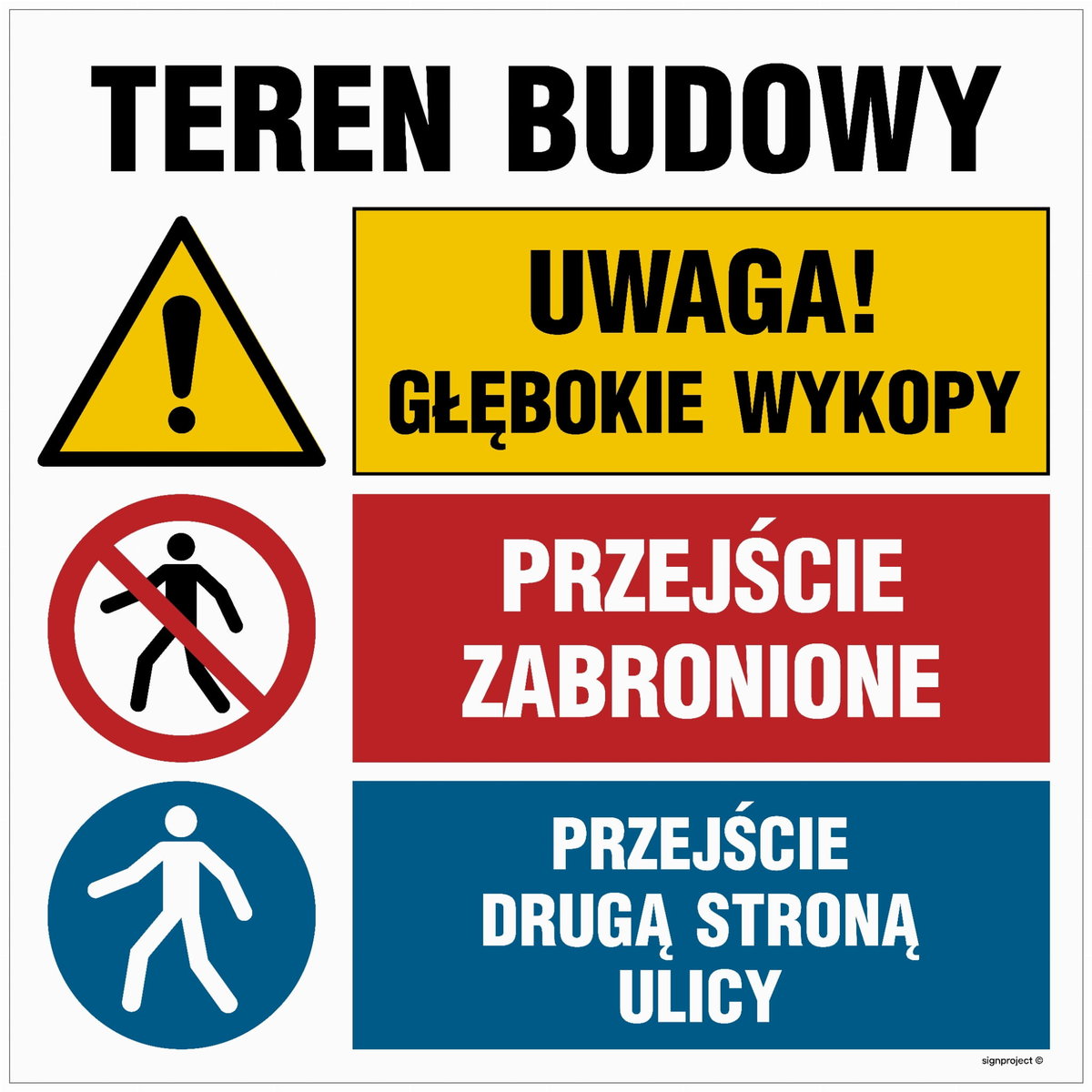 Teren budowy głębokie wykopy Przejście zabronione drugą DUŻA TABLICA 70X70 LIBRES POLSKA SP