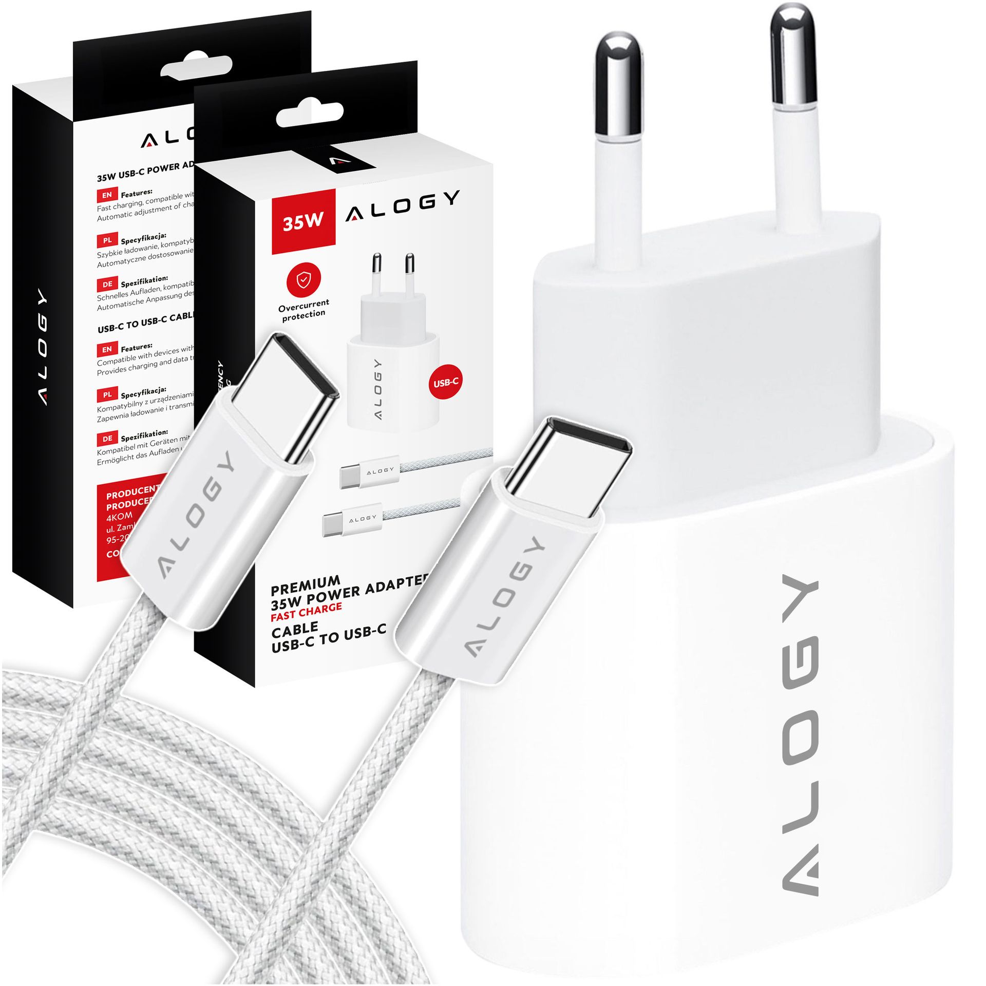 Ładowarka sieciowa szybka 35W USB-C USB typ C PD GaN do iPhone 15 + kabel type-C 1m Alogy Biała