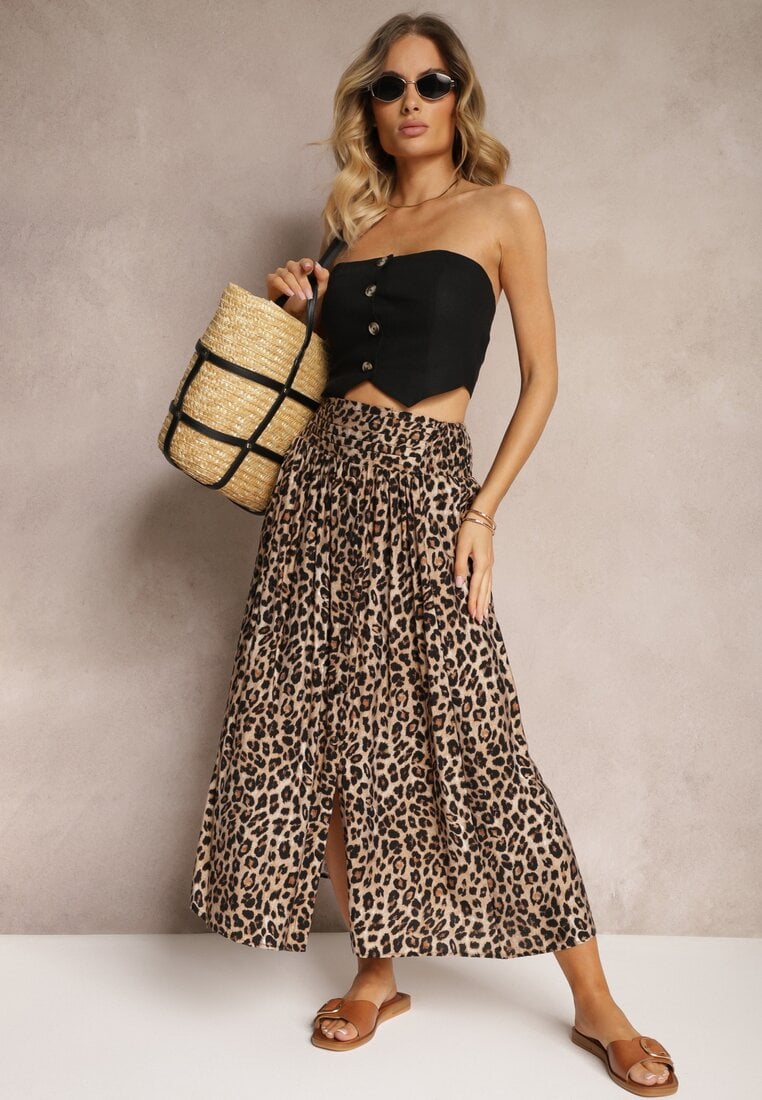 Beżowa Rozkloszowana Spódnica z Wiskozy w Panterkę High Waist z Gumką w Talii Vimashira