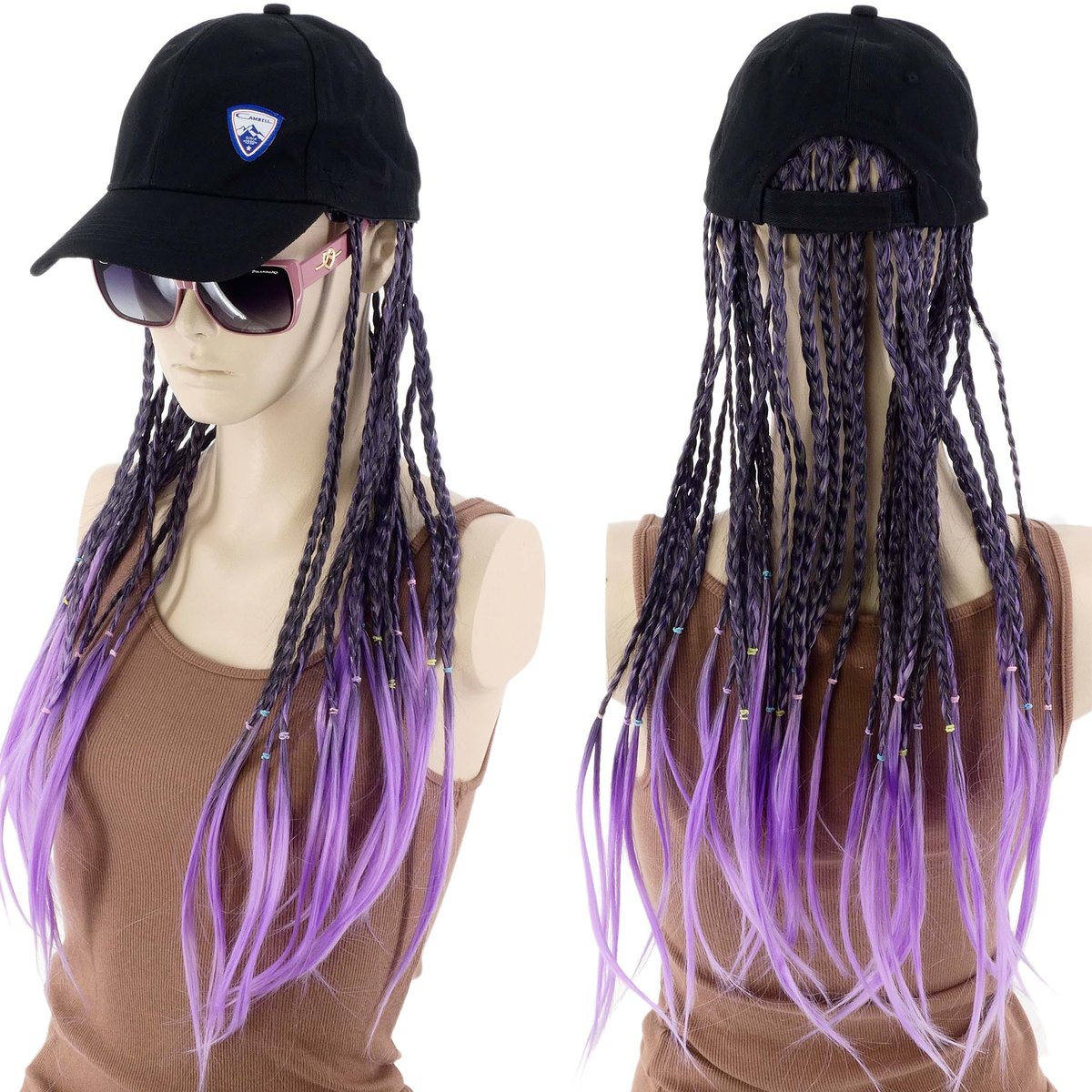 Damska czapka z daszkiem I peruką  afro warkoczyki 40cm fioletowe