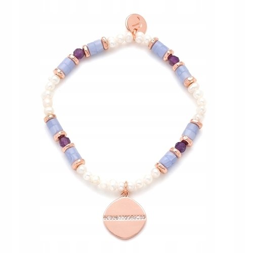 Bransoletka Pozłacana Z Agatu Purpurowego I Pereł Z Zawieszką