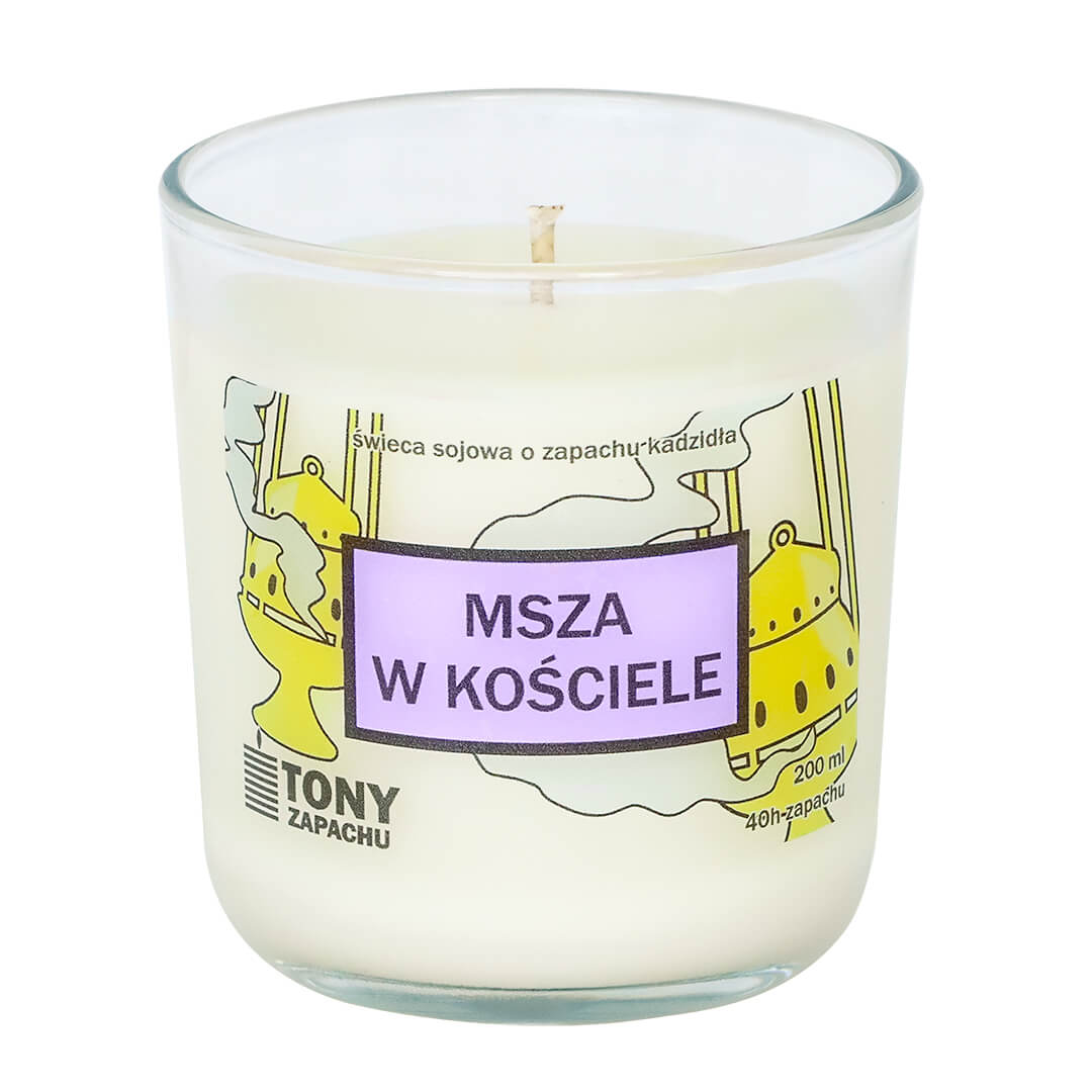 Naturalna świeca sojowa Msza w Kościele o zapachu kadzidła, w szklanym naczyniu, idealna jako podarunek, upominek dla najbliższych, pomoże odtworzyć z
