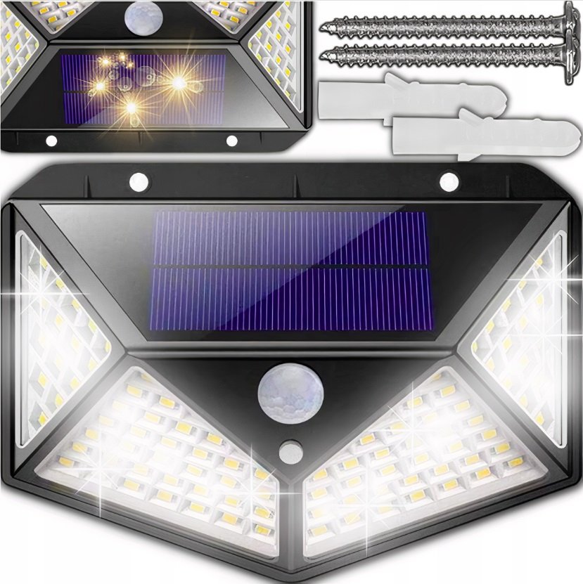 LAMPA SOLARNA 100 LED Z CZUJNIKIEM ZMIERZCHU RUCHU ELEWACYJNA NAŚCIENNA