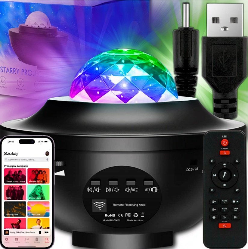 PROJEKTOR GWIAZD RZUTNIK NIEBA LAMPKA NOCNA LED GŁOŚNIK BLUETOOTH + PILOT
