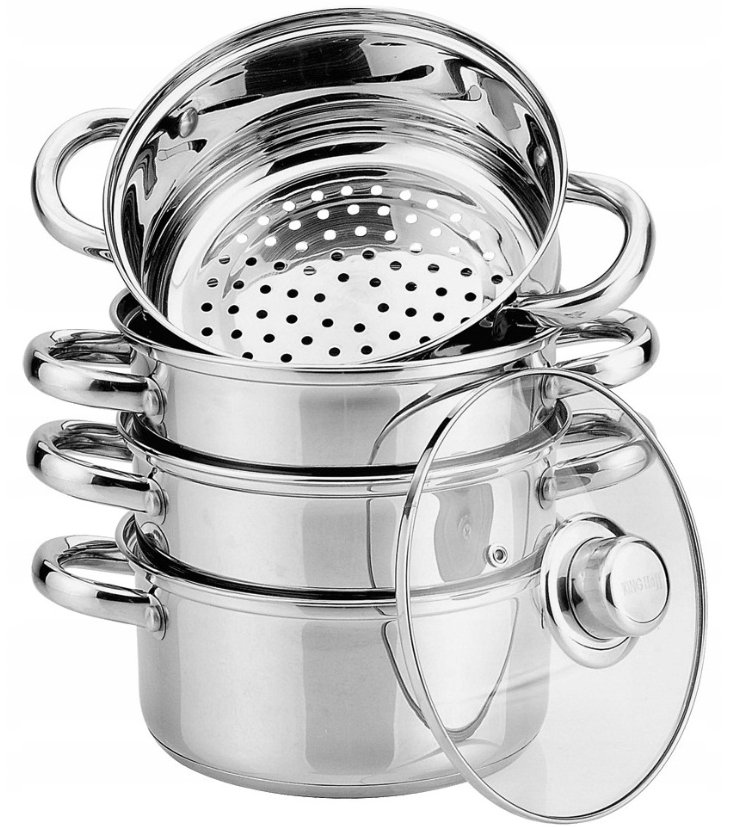 GARNEK DO GOTWOANIA NA PARZE ZESTAW DUŻY 3 SITA STALOWY INDUKCJA 22 CM