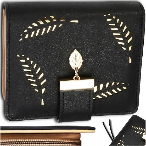 Skórzana Damski mały portfel listki portmonetka czarna ekoskóra elegancki