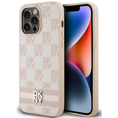 Oryginalne Etui IPHONE 14 PRO MAX DKNY Hardcase Leather Checkered Mono Pattern & Printed Stripes (DKHCP14XPCPTSSP) różowe