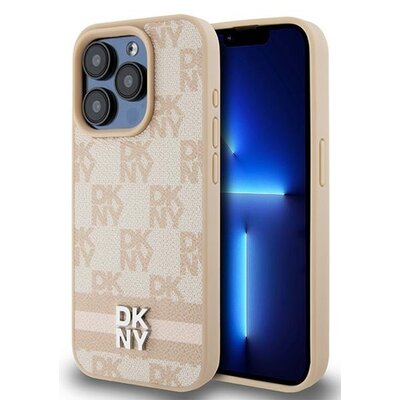 Oryginalne Etui APPLE IPHONE 15 PRO MAX DKNY Hardcase Leather Checkered Mono Pattern & Printed Stripes (DKHCP15XPCPTSSP) różowe