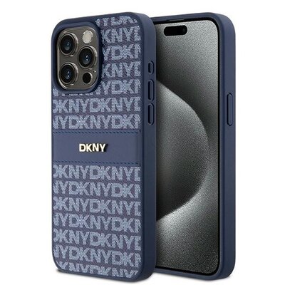 Oryginalne Etui APPLE IPHONE 15 PRO MAX DKNY Hardcase Leather Mono Stripe & Metal Logo (DKHCP15XPRTHSLB) niebieskie
