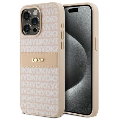 Oryginalne Etui APPLE IPHONE 15 PRO MAX DKNY Hardcase Leather Mono Stripe & Metal Logo (DKHCP15XPRTHSLP) różowe