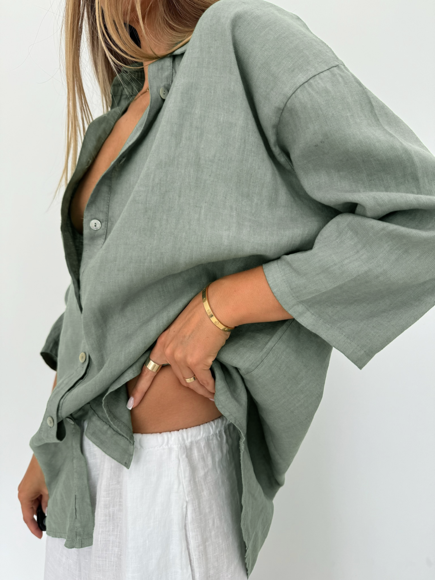 LNIANA KOSZULA OVERSIZE OLIVE - WŁOCHY
