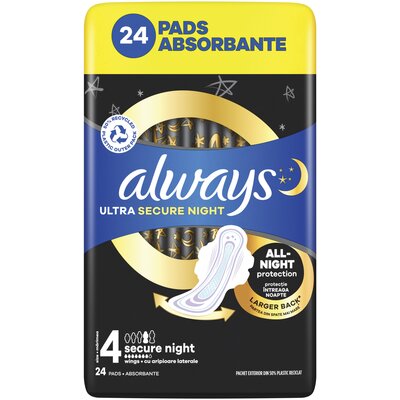 Always Ultra Secure Night Podpaski ze skrzydełkami, rozmiar 4, 24 sztuk