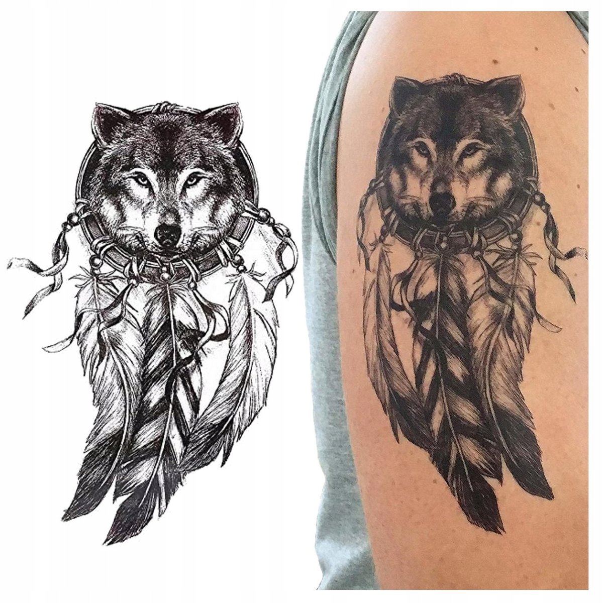 TATUAŻ ZMYWALNY TYMCZASOWY WODNY - WILK / PIÓRA