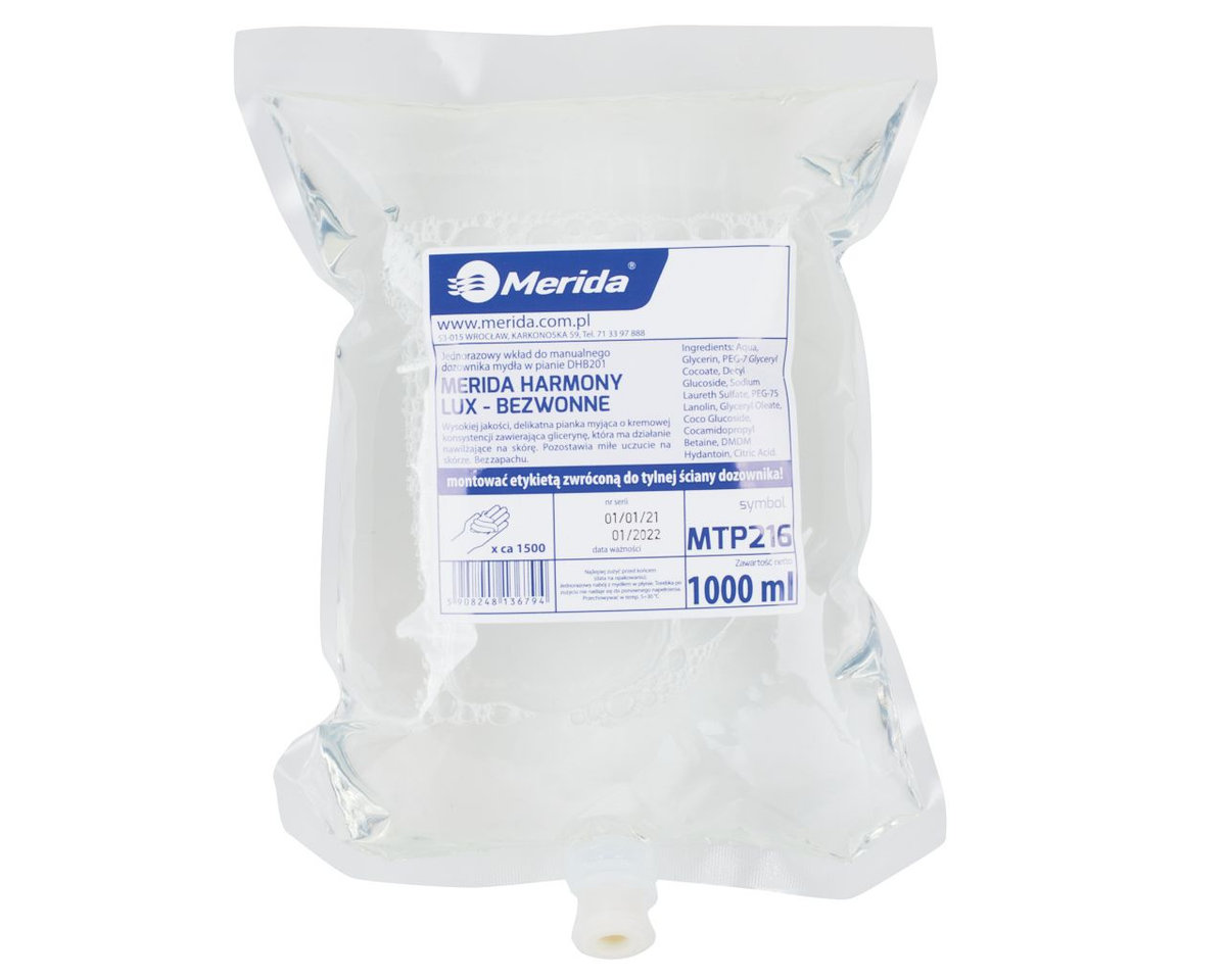 Merida MTP216 Mydło w pianie HARMONY LUX BEZWONNE, jednorazowy wkład 1000 ml, bez zapachu