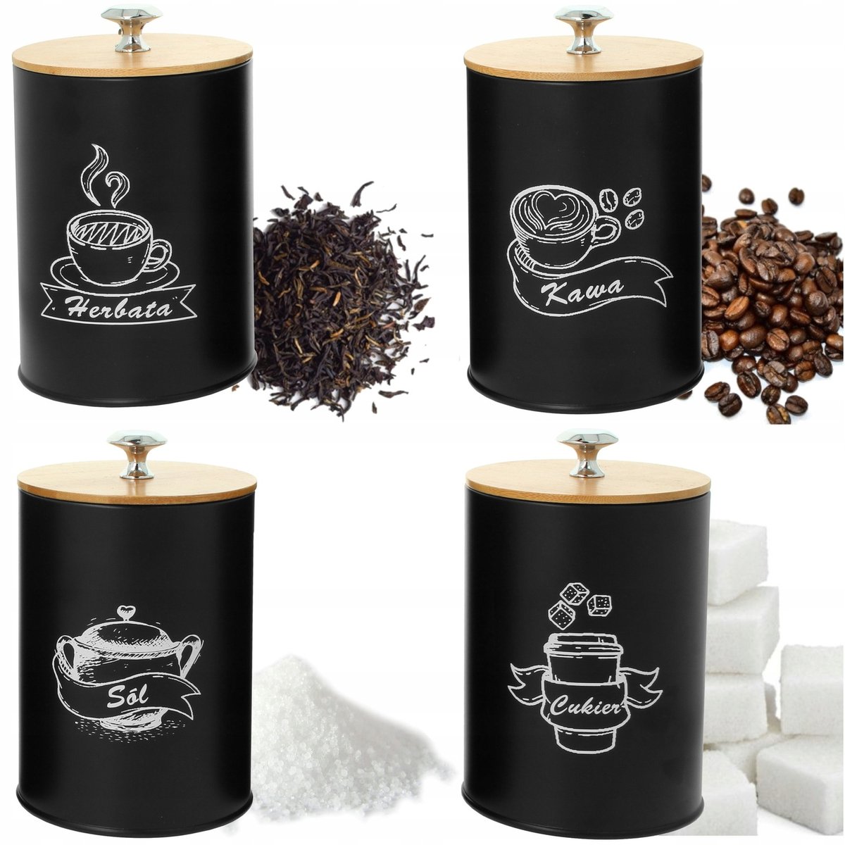 4 X POJEMNIK KAWA HERBATA CUKIER SÓL CZARNY METALOWY BAMBUS KOMPLET