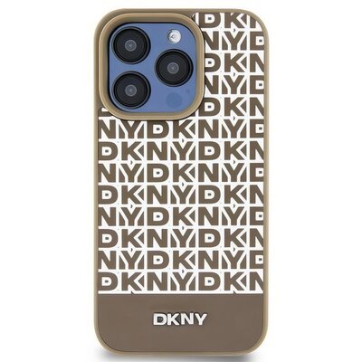 Oryginalne Etui IPHONE 13 / 14 / 15 DKNY Hardcase Leather Printed Pattern Metal Logo MagSafe (DKHMP15SPSOSPW) brązowe