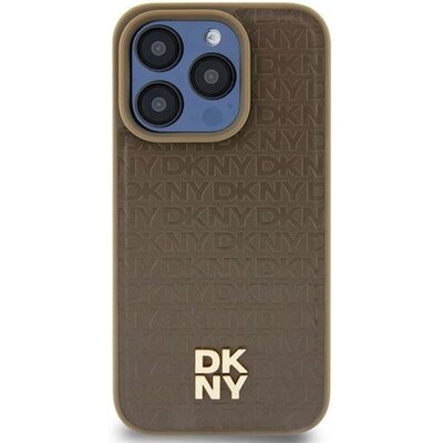 Oryginalne Etui IPHONE 13 / 14 / 15 DKNY Hardcase Leather Pattern Metal Logo MagSafe (DKHMP14SPSHRPSW) brązowe