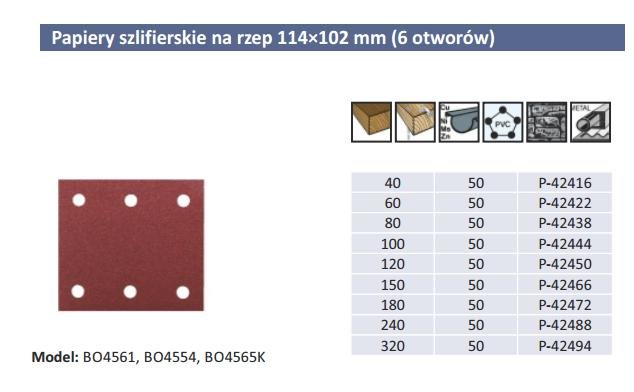Makita Papier ścierny na rzep 114 x 102 mm (6 otworów) ziarn. 60, 50 szt. P-4242