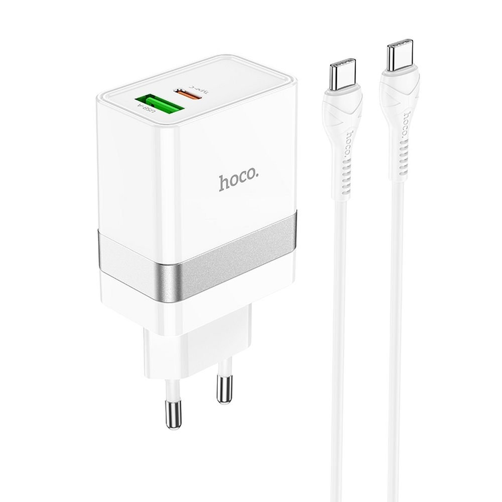 HOCO ładowarka sieciowa USB A + Typ C + kabel Typ C do Typ C PD QC3.0 3A 30W N21 biała