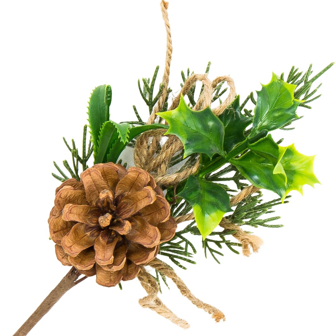 [680683] Gałązka zielona z szyszką ostrokrzewem jutowym sznurkiem