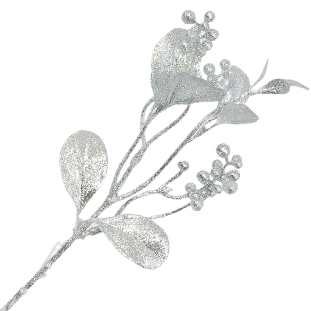 [680686] Gałązka ozdobna brokatowa liście i kuleczki srebrna