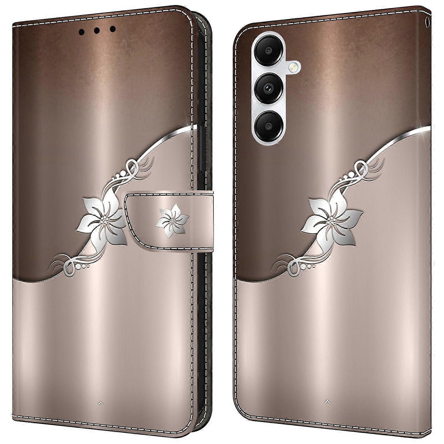 Do etui na telefon komórkowy Samsung Galaxy A55 5G Drukowany wzór 3D Stojak Skórzana osłona Srebrny kwiat