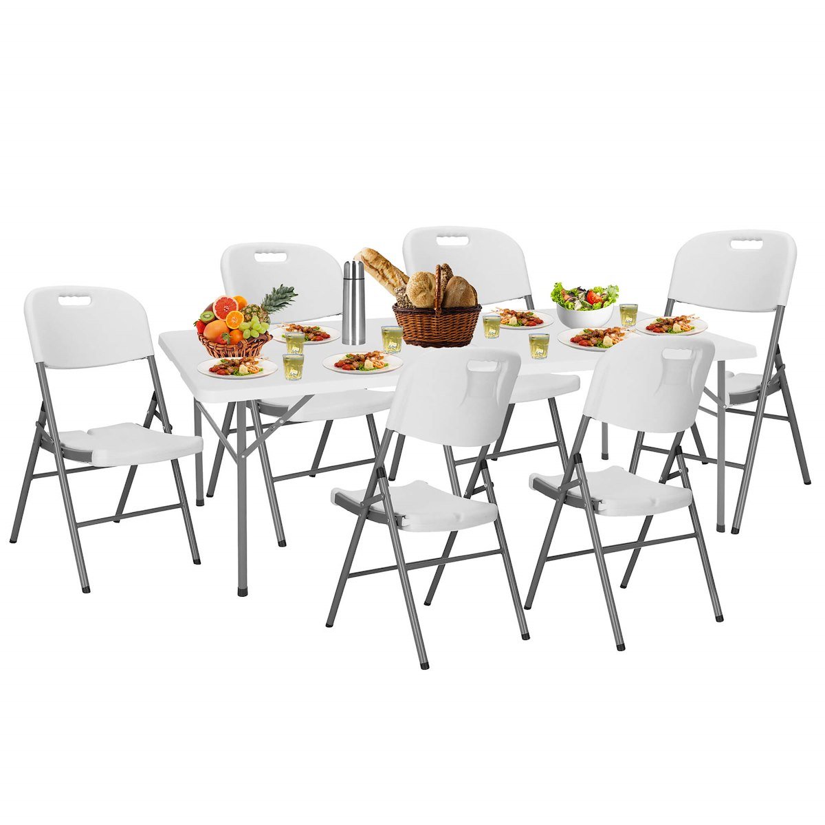 Meble turystyczne składane, stół 200x90 cm z 6 krzesłami zestaw cateringowy ogrodowy biały
