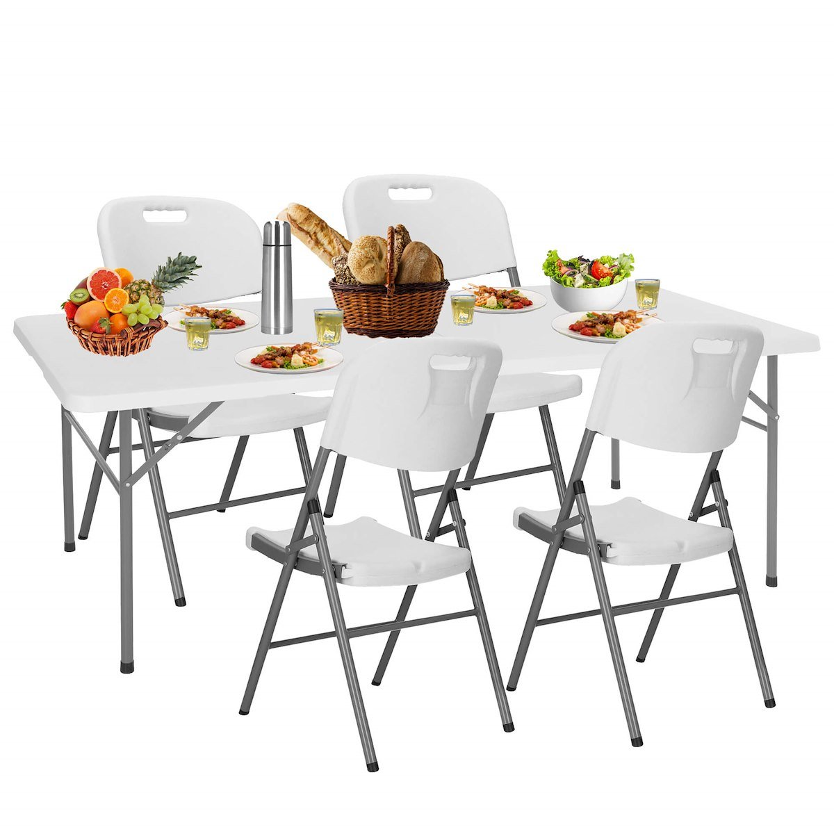 Meble turystyczne składane, stół 200x90 cm z 4 krzesłami zestaw cateringowy ogrodowy biały