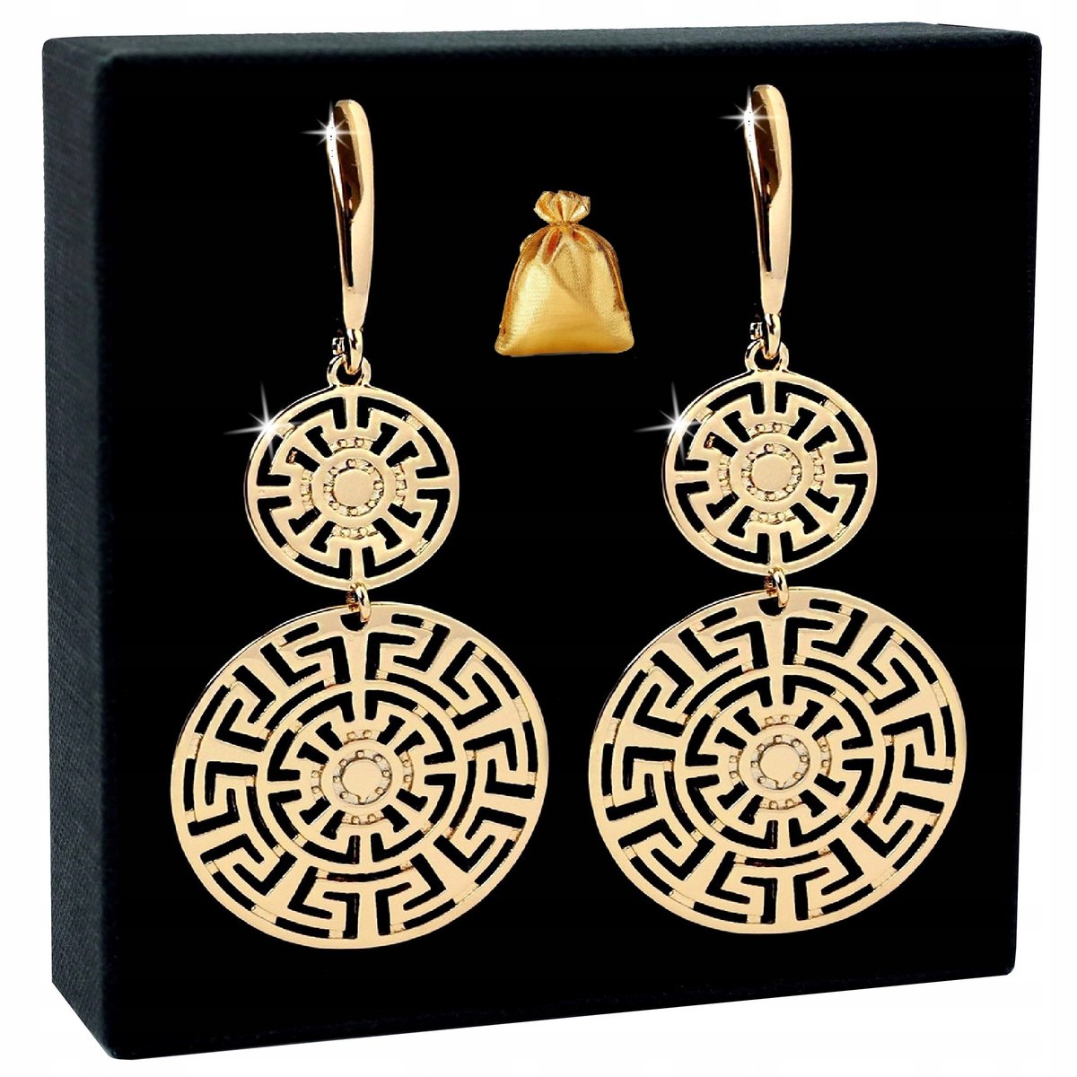 ELEGANCKIE ZŁOTE KOLCZYKI WISZĄCE ZE STALI CHIRURGICZNEJ GREEK 18K PREZENT