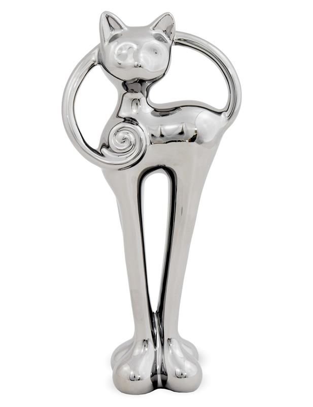 Figurka ceramiczna PIGMEJKA Kot, srebrna, 20x9x4 cm