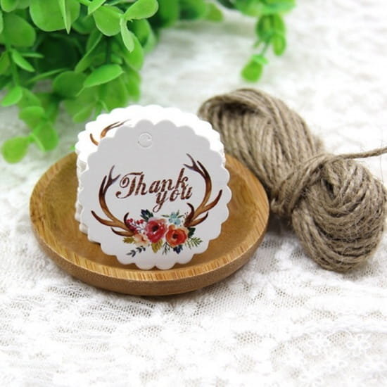 [07182] Papierowe metki ze  sznureczkiem w kwiaty THANK YOU 2szt
