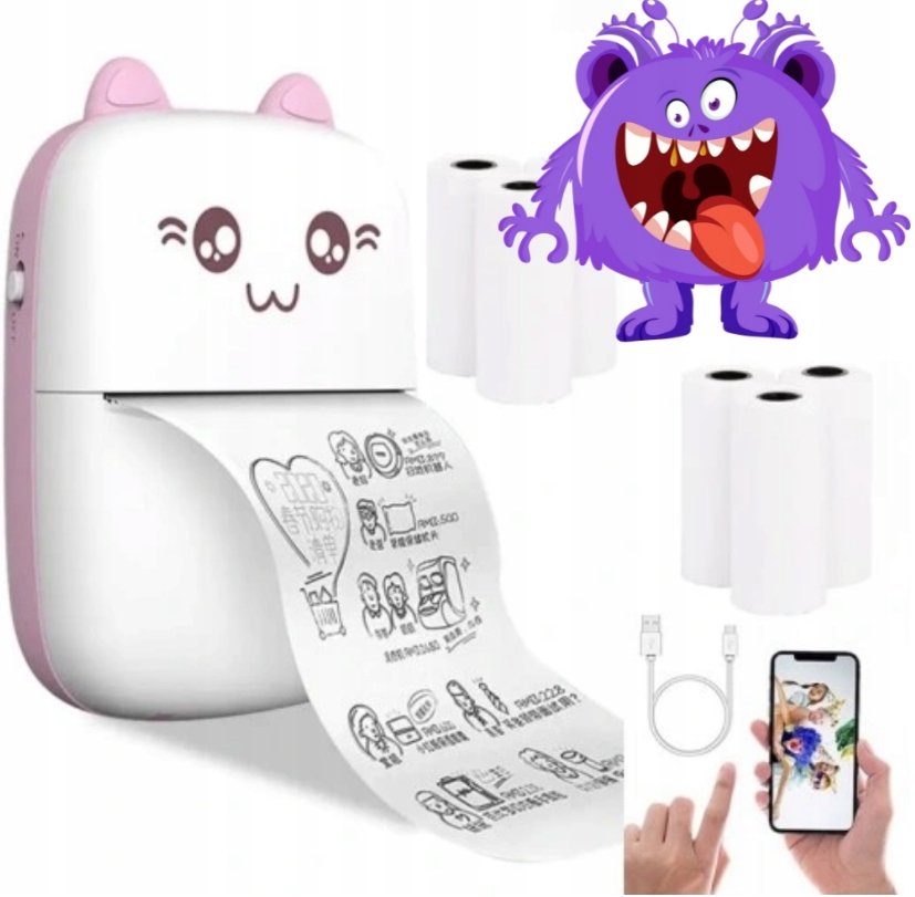 Drukuś mini drukarka termiczna do zdjęć przenośna dla dzieci 11 rolek