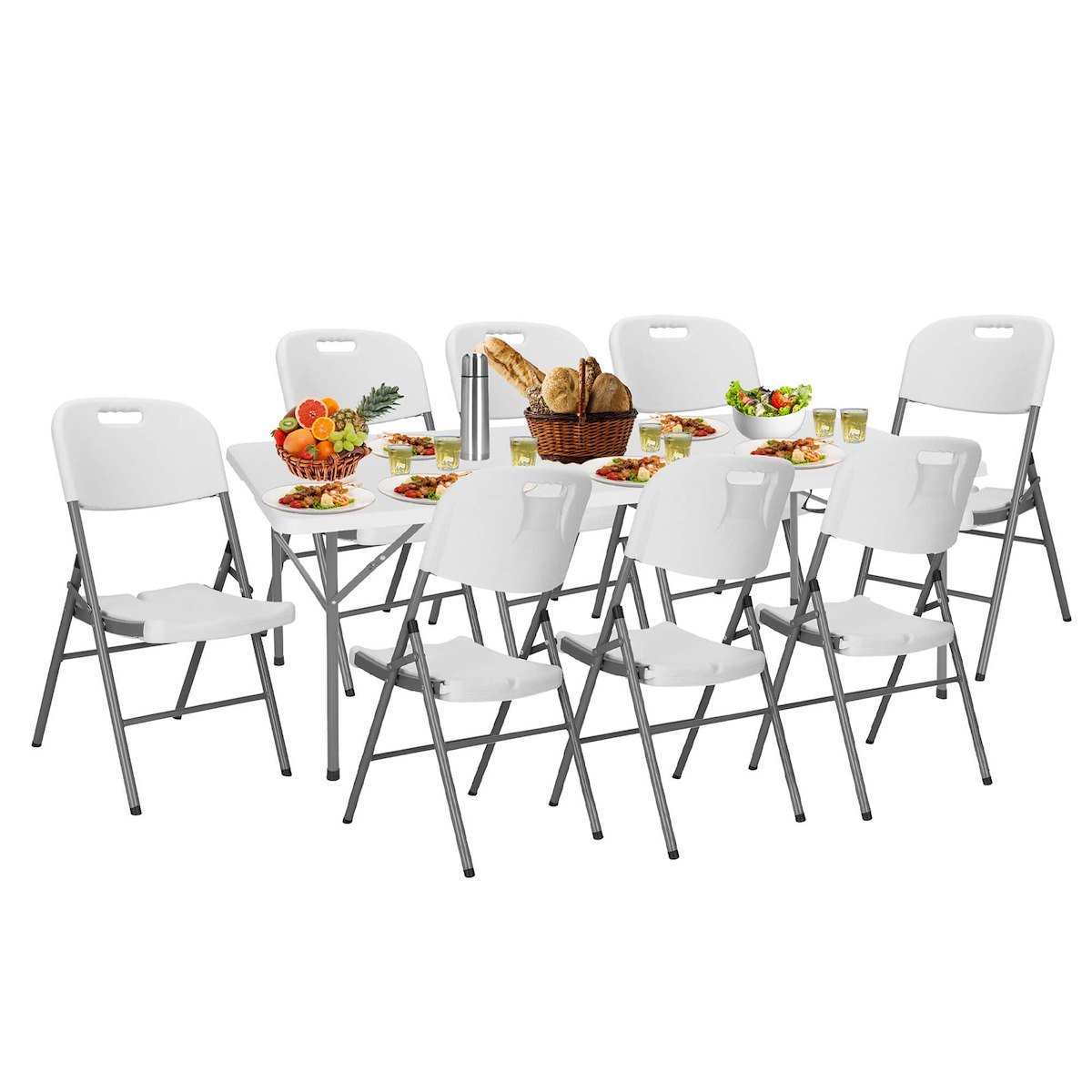 Meble turystyczne składane, stół 200x90 cm z 8 krzesłami zestaw cateringowy ogrodowy biały